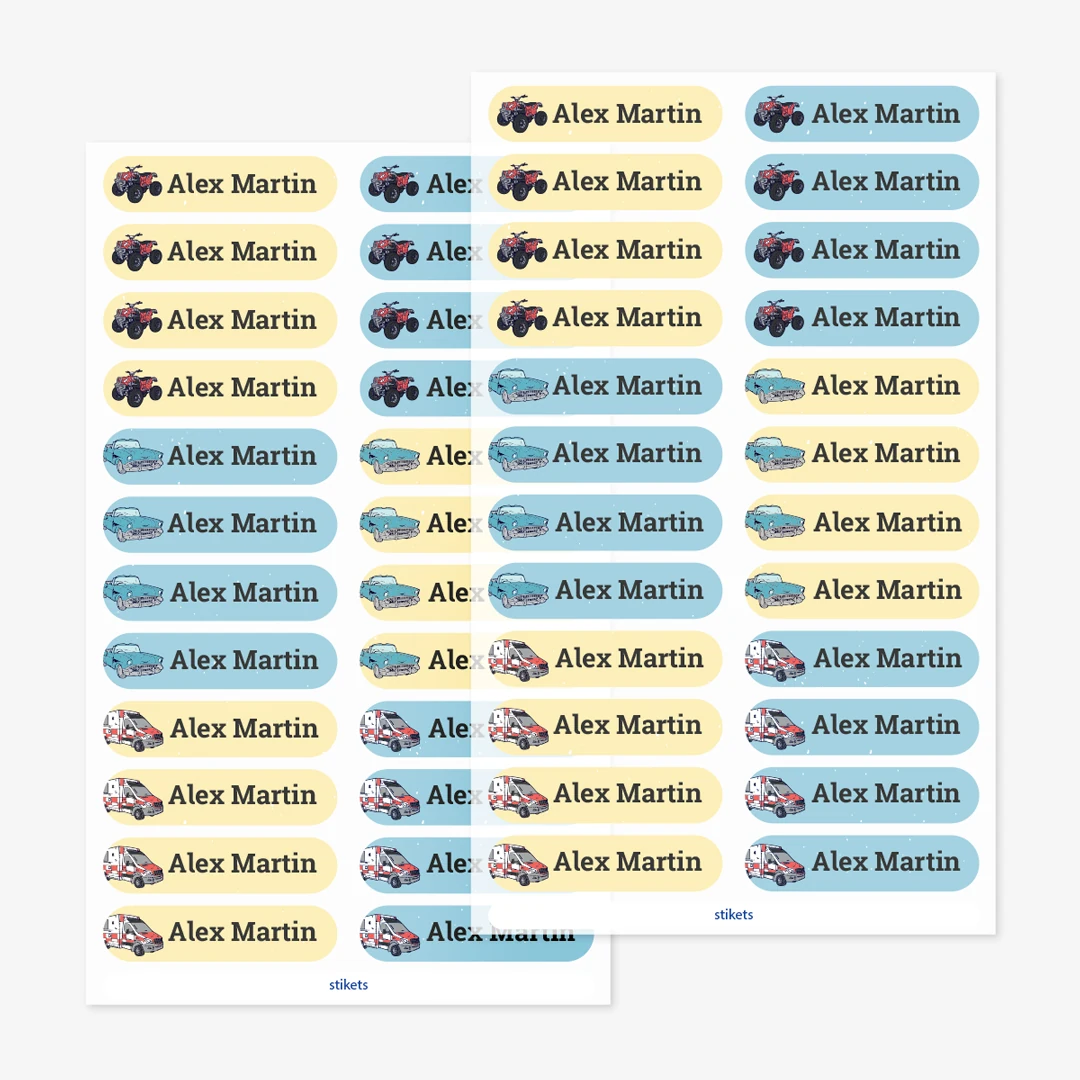 Små strykbara namnlappar med teman