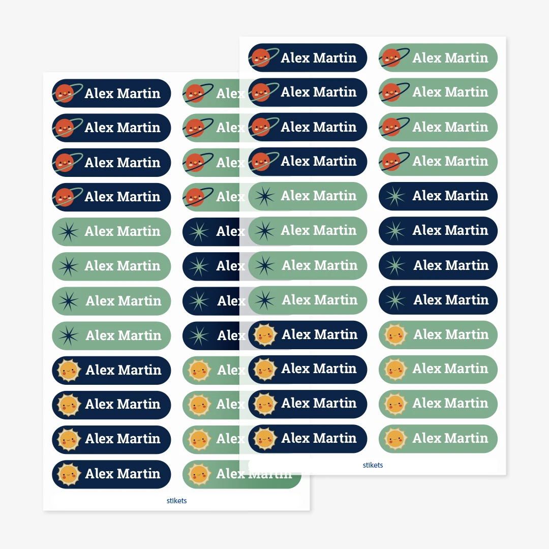Små strykbara namnlappar med teman