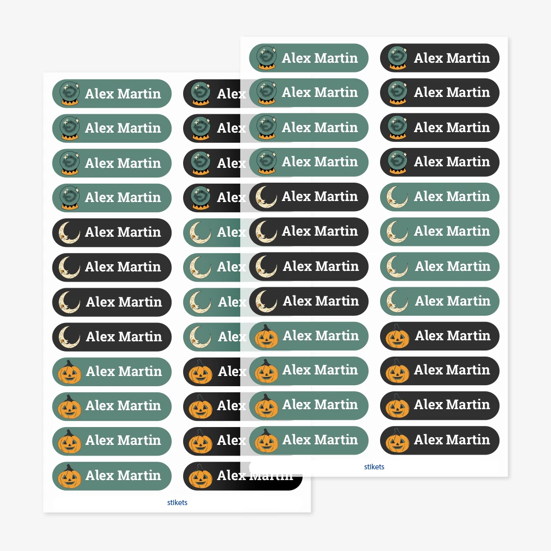 Små strykbara namnlappar med teman