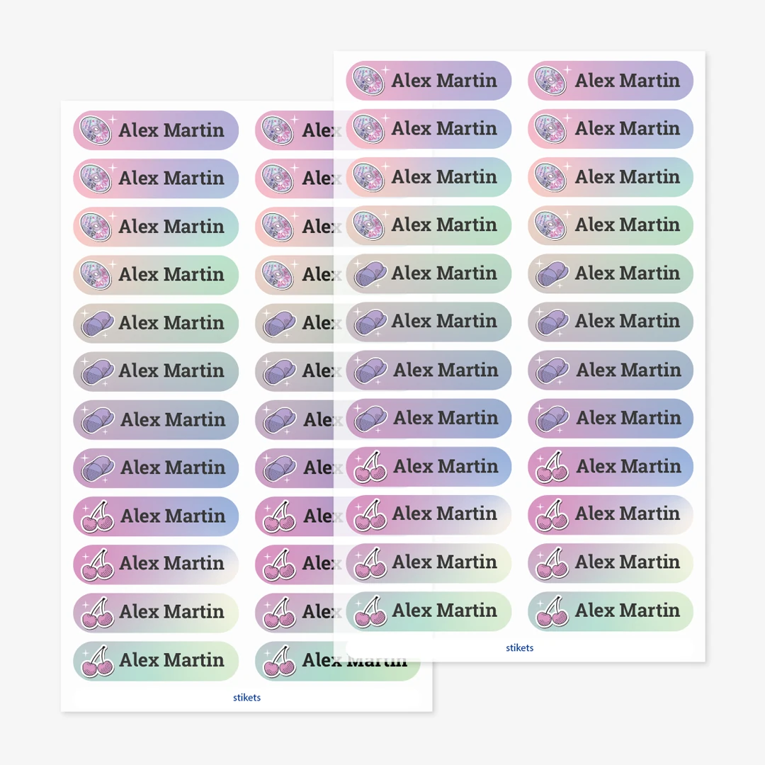 Små strykbara namnlappar med teman