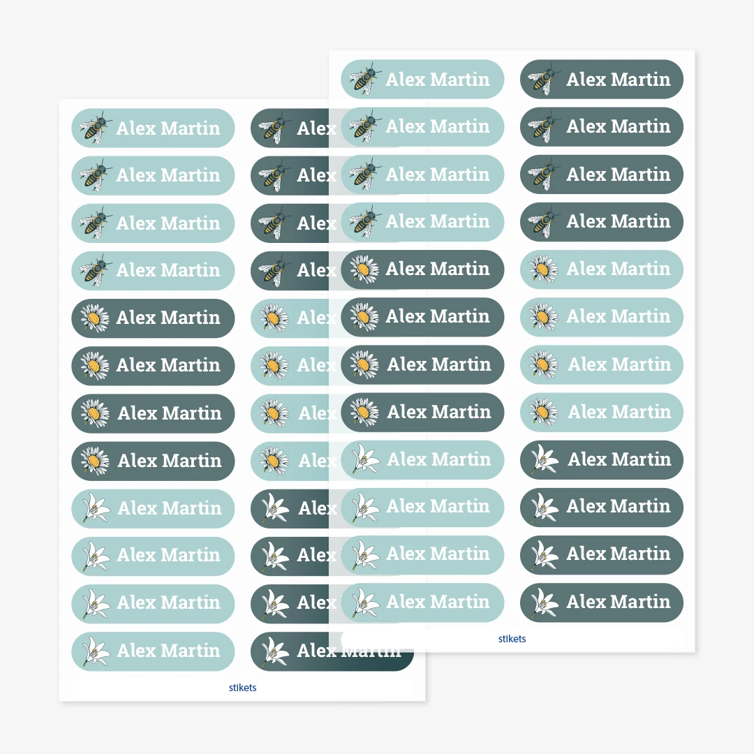 Små strykbara namnlappar med teman