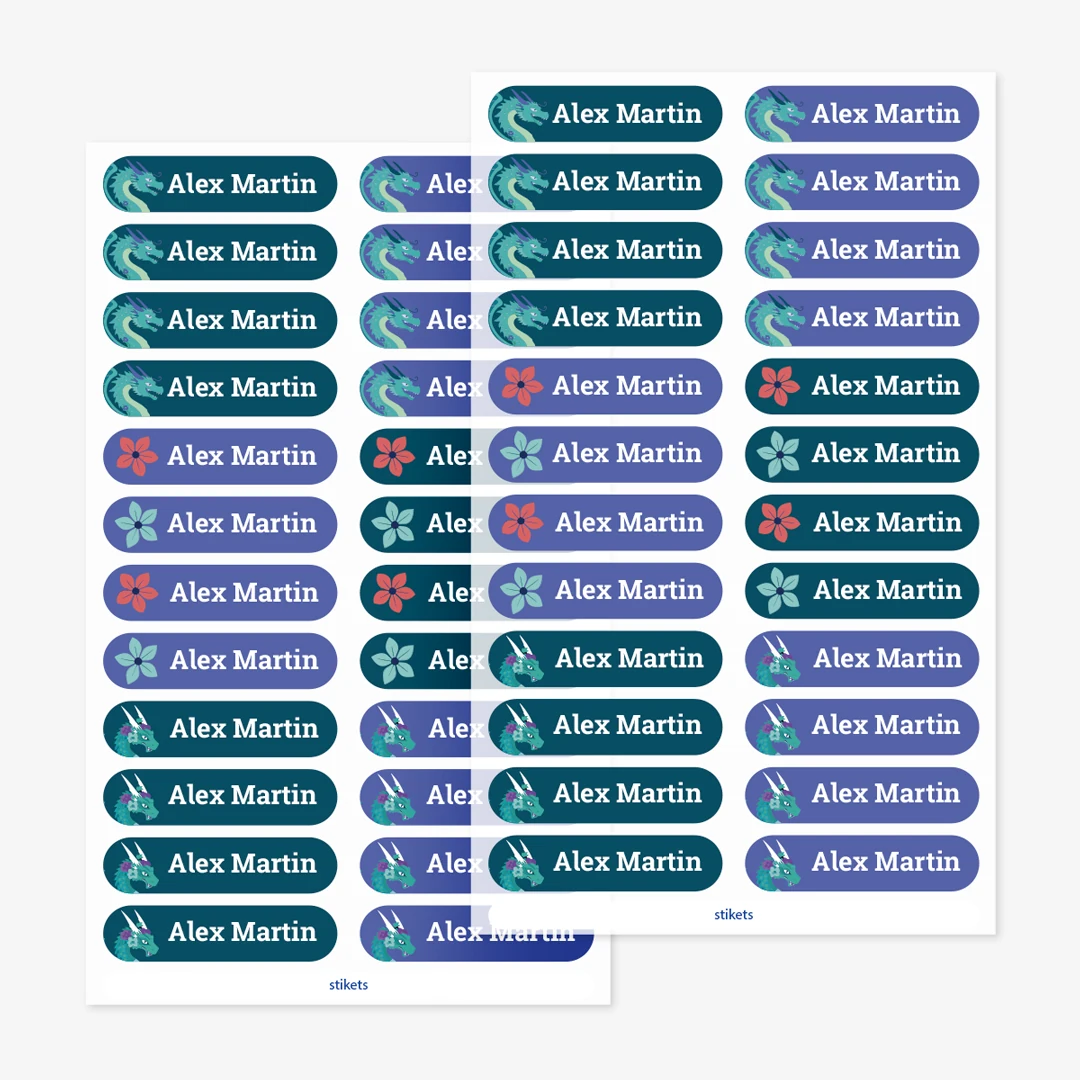 Små strykbara namnlappar med teman