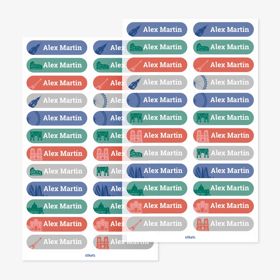 Små strykbara namnlappar med teman