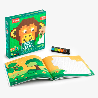 Juego de pintar con sellos Trodat Pixel Stamp Animals con 6 sellos de colores y 18 plantillas