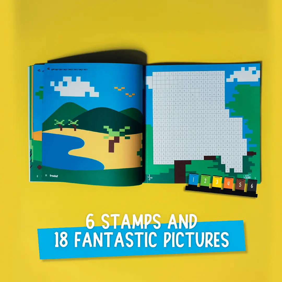Juego de pintar con sellos Trodat Pixel Stamp Animals con 6 sellos de colores y 18 plantillas