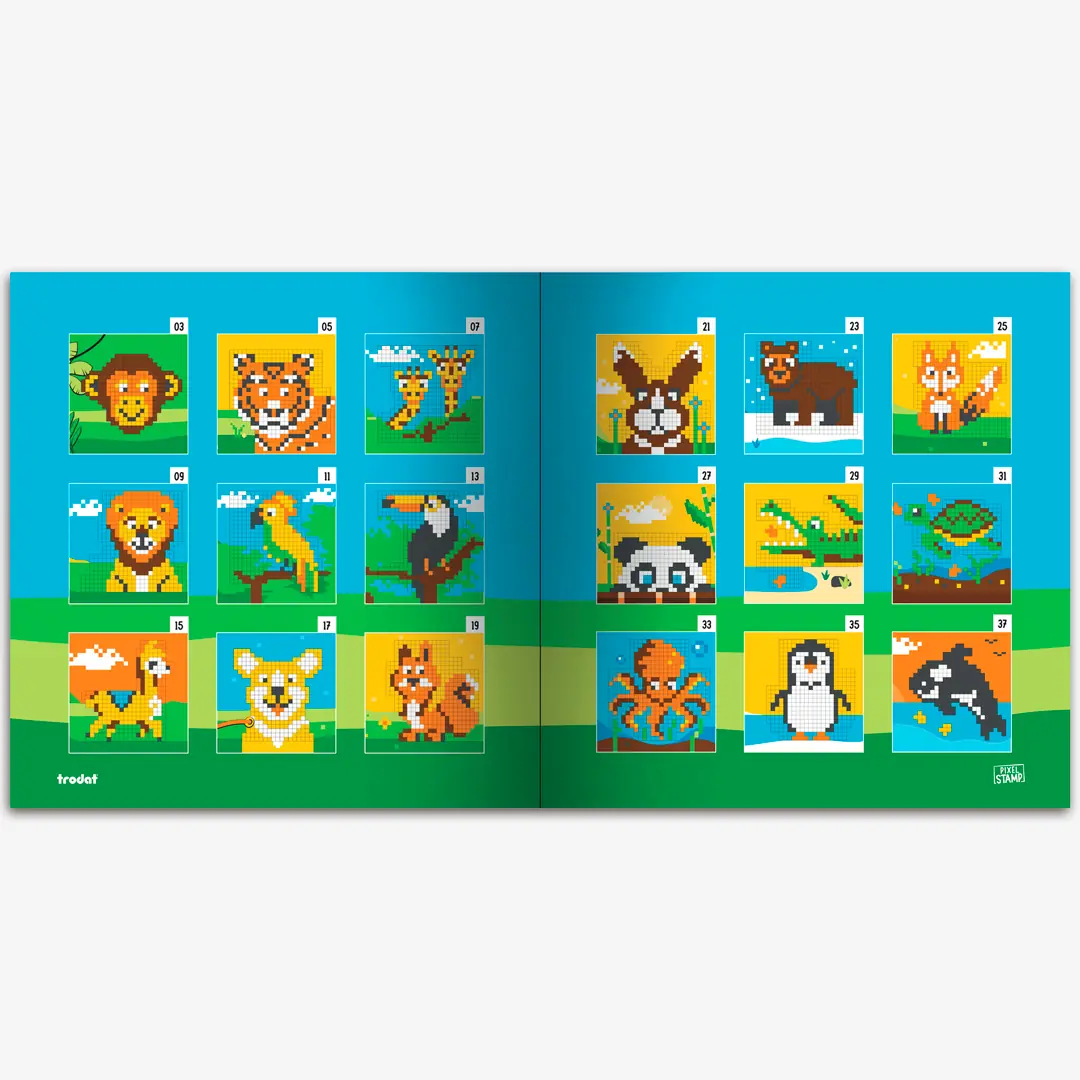 Juego de pintar con sellos Trodat Pixel Stamp Animals con 6 sellos de colores y 18 plantillas