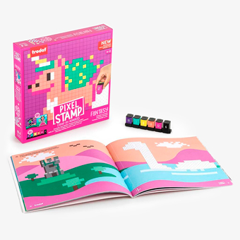Juego de pintar con sellos Trodat Pixel Stamp Fantasy con 6 sellos de colores y 18 plantillas