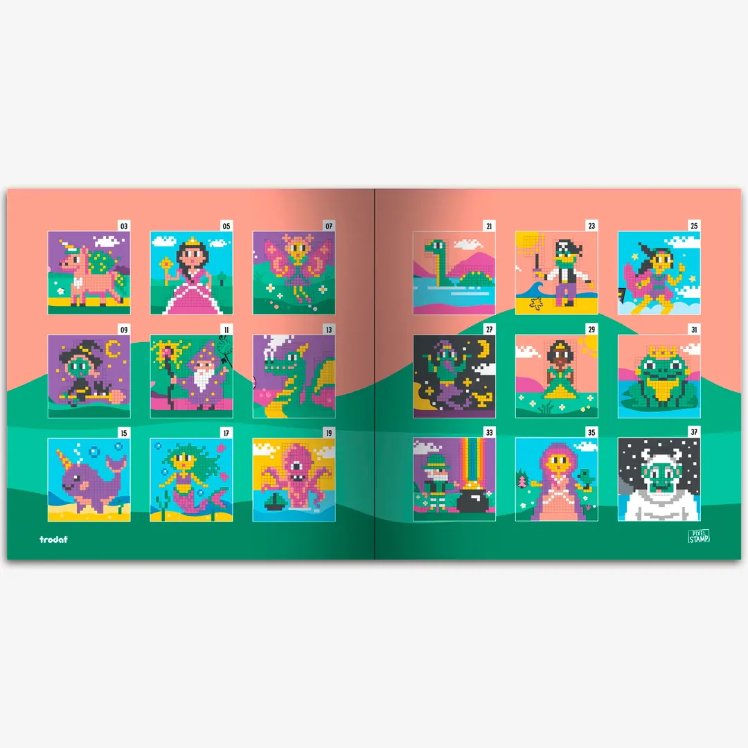 Juego de pintar con sellos Trodat Pixel Stamp Fantasy con 6 sellos de colores y 18 plantillas