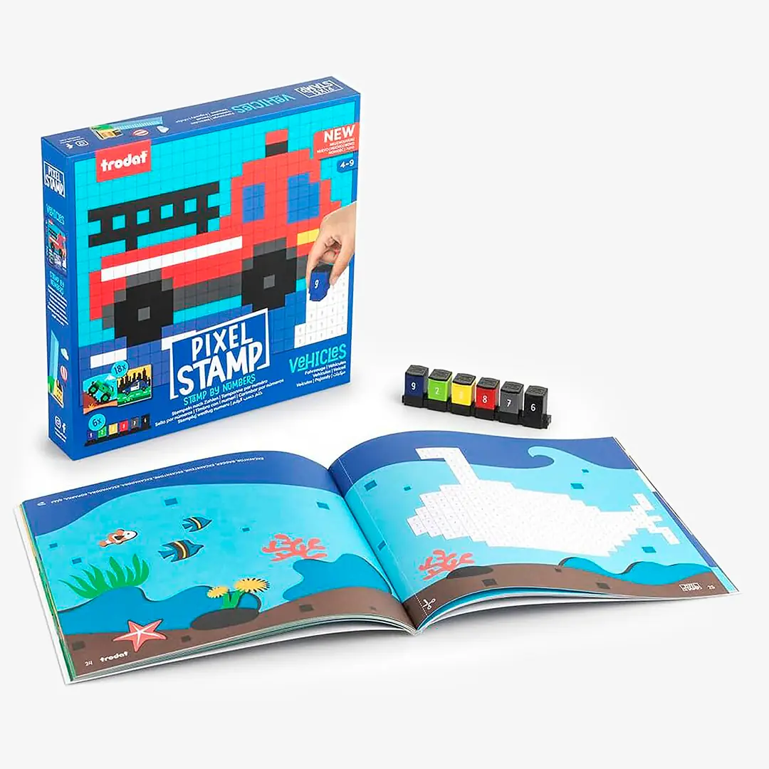 Juego de pintar con sellos Trodat Pixel Stamp Vehicles con 6 sellos de colores y 18 plantillas
