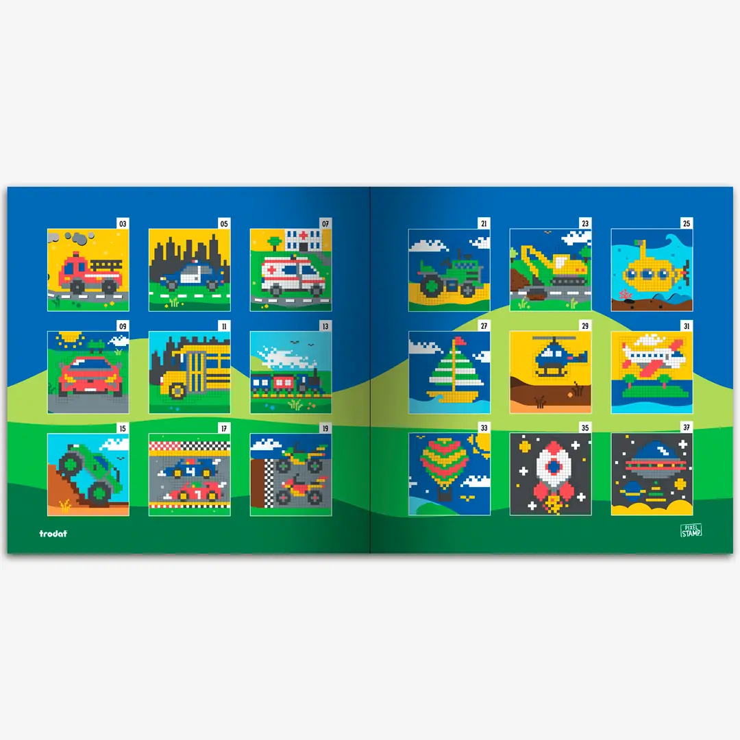 Juego de pintar con sellos Trodat Pixel Stamp Vehicles con 6 sellos de colores y 18 plantillas